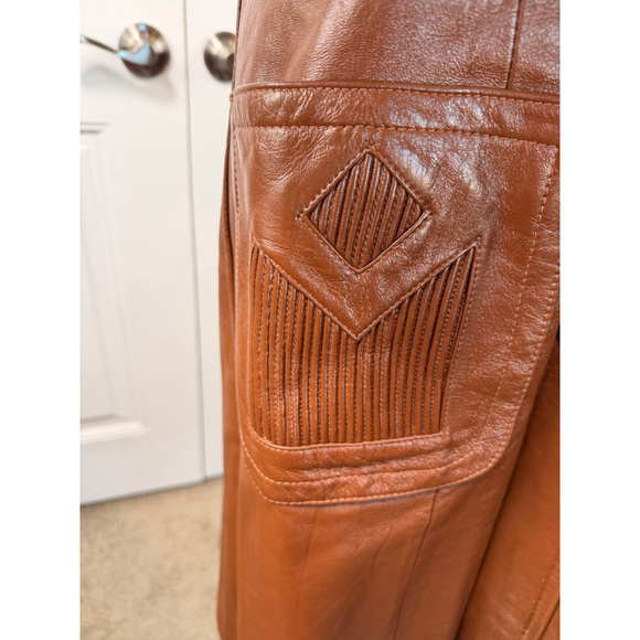 Vintage 70s Caramel Brown Genuine Leather Long Coat Women's Trench Retro 12 Edgy - Picture 9 of 16